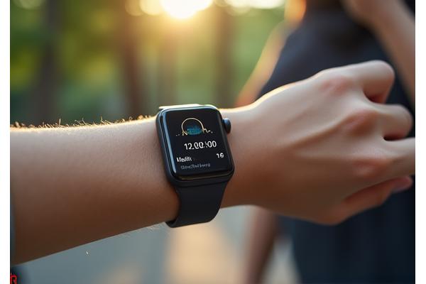 A smartwatch displaying health metrics, with a person jogging in the blurry background, symbolizing wearable technology in health.