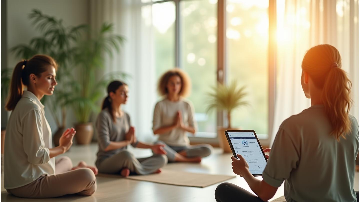 Diverse adults engaged in meditative wellness activities in a modern, serene environment with subtle digital glow