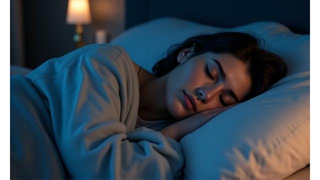 A person peacefully asleep in a cozy, dark room, indicating improved sleep and energy optimization.