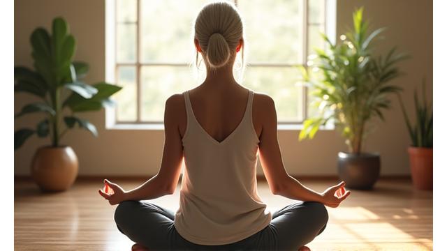 A serene person meditating in a peaceful, sunlit setting, symbolizing stress reduction and mindfulness.