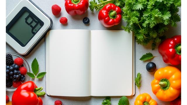 Fresh vibrant produce, scales, and a notebook indicating healthy eating and weight management.