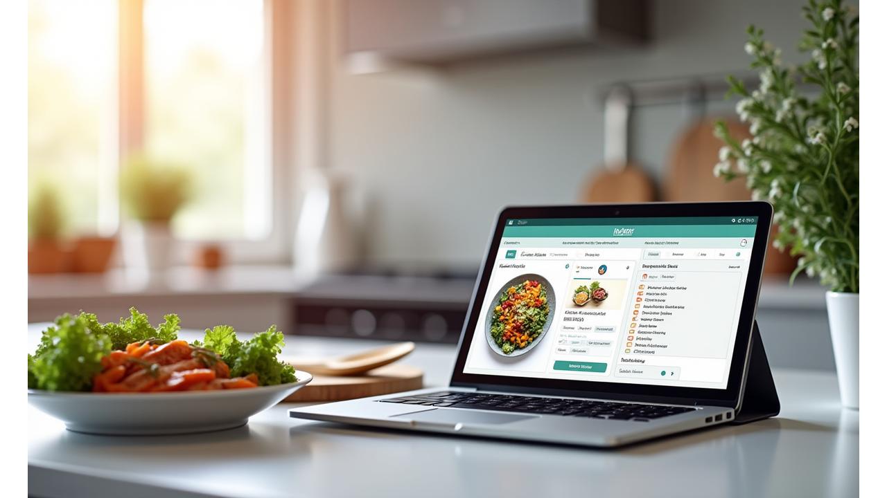 A tablet displaying VitaSpoke's meal planning interface with various recipes, a shopping list, and a kale salad in the foreground.