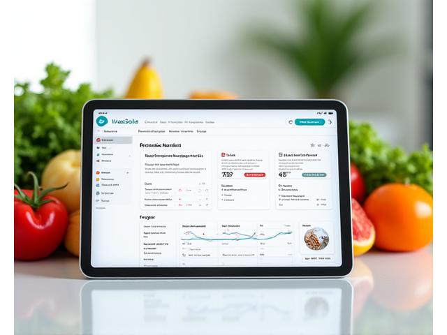 A digital screen displaying a personalized nutrition dashboard with colorful charts and meal suggestions, overlayed on a background of fresh fruits and vegetables.