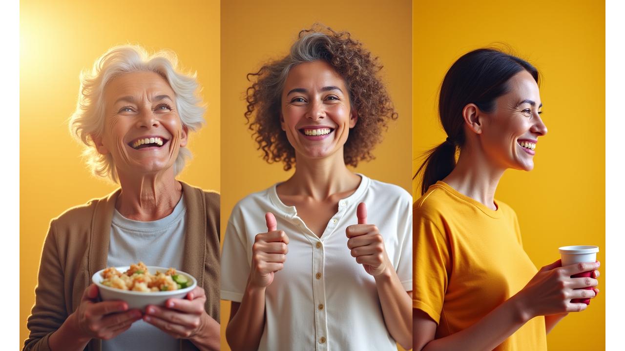 Three diverse individuals smiling, representing success and vitality, overlaid with subtle data visualization elements.