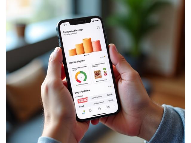 A smartphone displaying a nutrition tracking app dashboard with progress graphs and food logging entries.