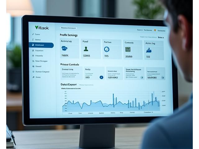 A clean, modern digital dashboard showing user profile settings, account activity, and data export options, with a subtle VitaSpoke branding throughout, illustrating organized account management.