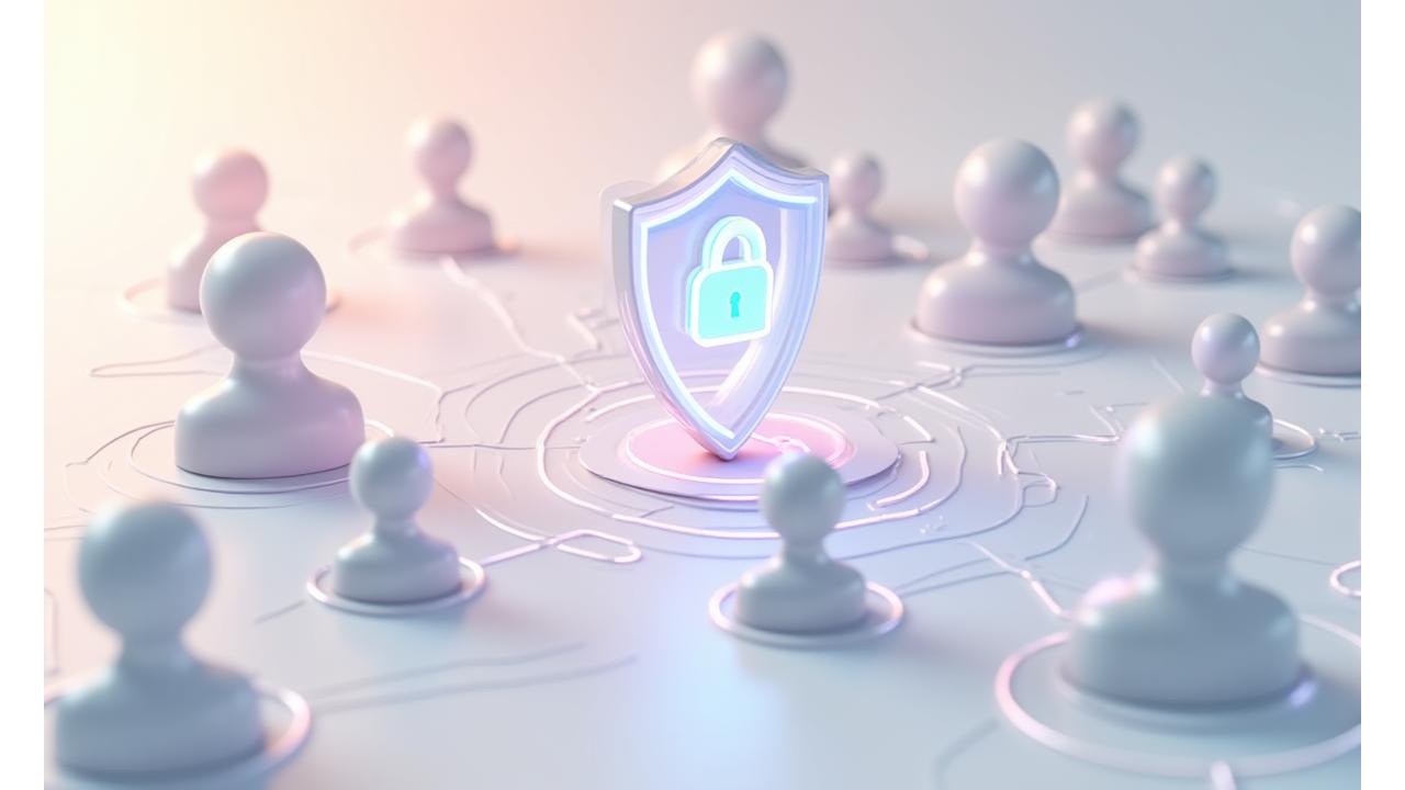 Illustration of digital safety features, including a shield icon, a privacy lock, and diverse community members interacting respectfully.