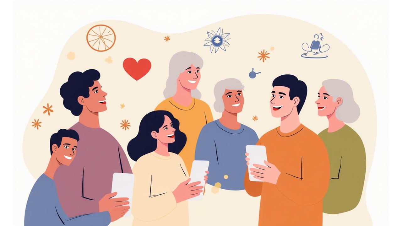 Illustration of diverse people connecting in a vibrant online community, showing chat bubbles and wellness icons.