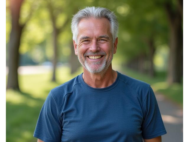 Portrait of David, a man in his early 60s, looking strong and active.