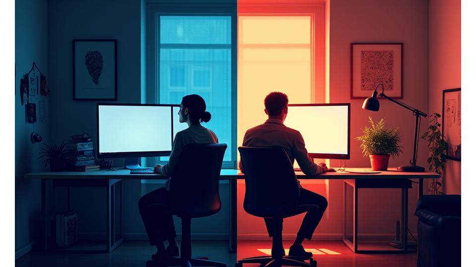 A split image showing a chaotic, poorly set up desk on one side and an organized, ergonomic desk on the other