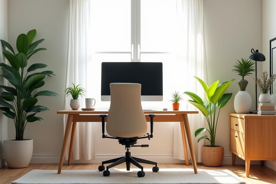 A serene and organized home office with natural light, ergonomic chair, and small plant